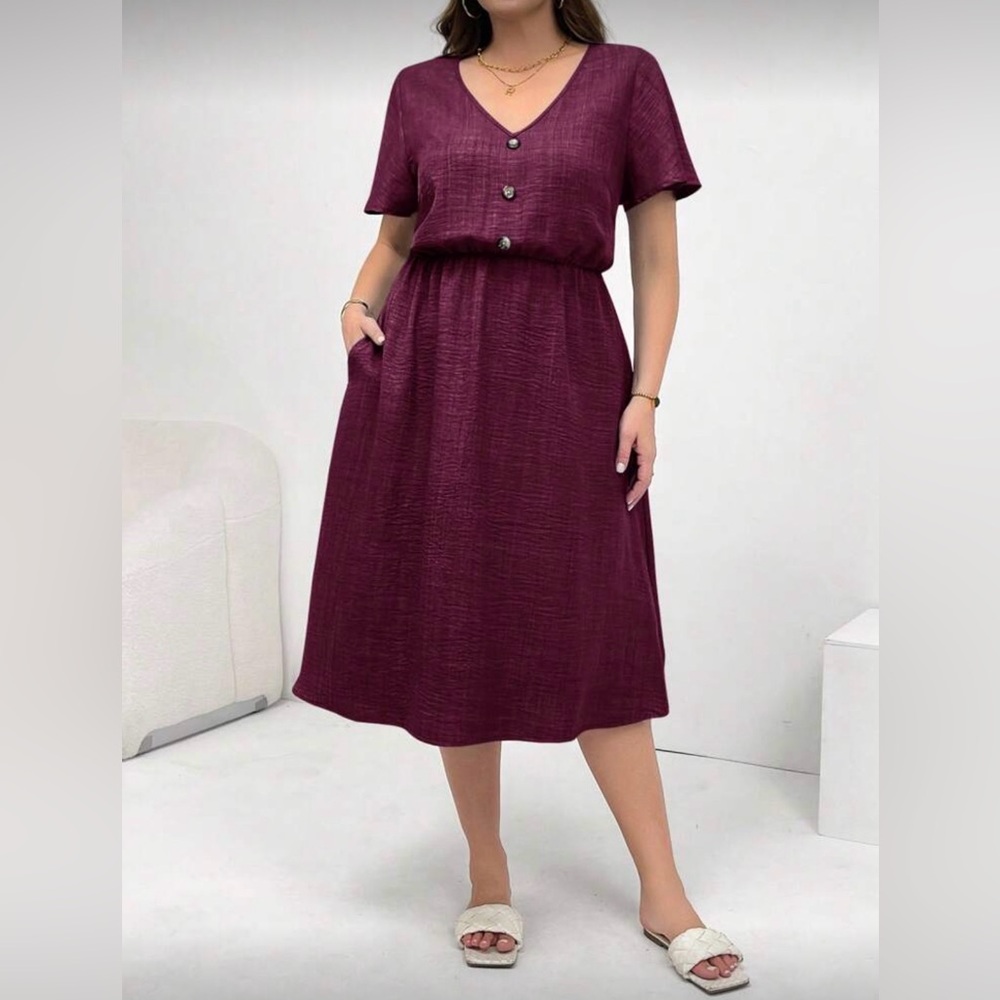 SHEIN Burgundy Button-Front Short Sleeve Midi Dress